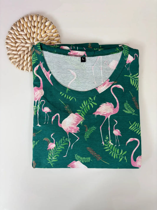 Dark Green with Flamingo Printed Feeding Puff Sleeve Maxi