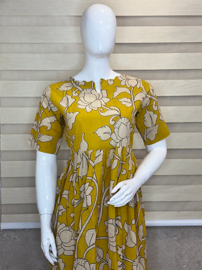 Sunflower Yellow Kalamkari Ivory Lotus Vine Print Non-Feeding Maxi