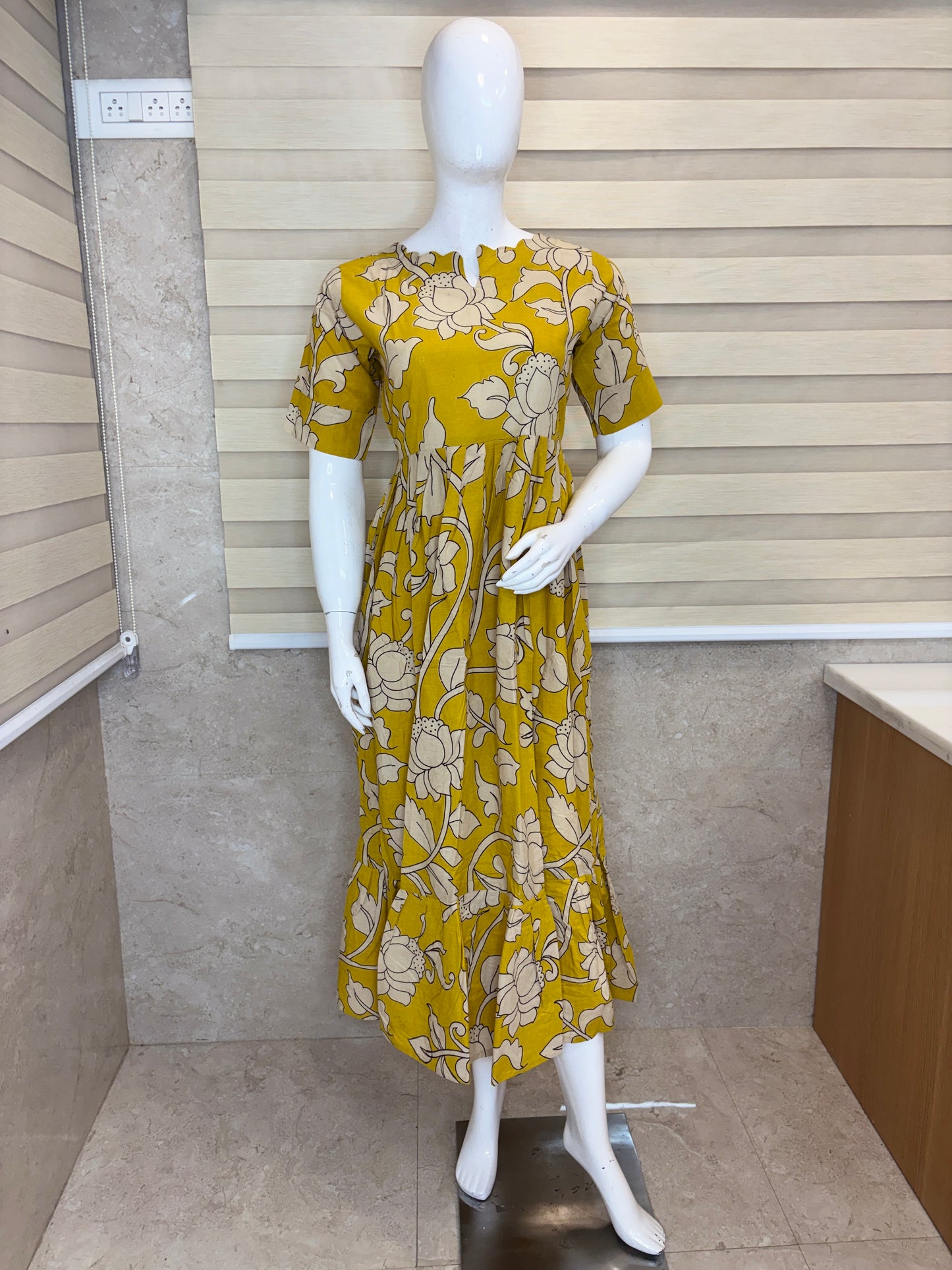 Sunflower Yellow Kalamkari Ivory Lotus Vine Print Non-Feeding Maxi