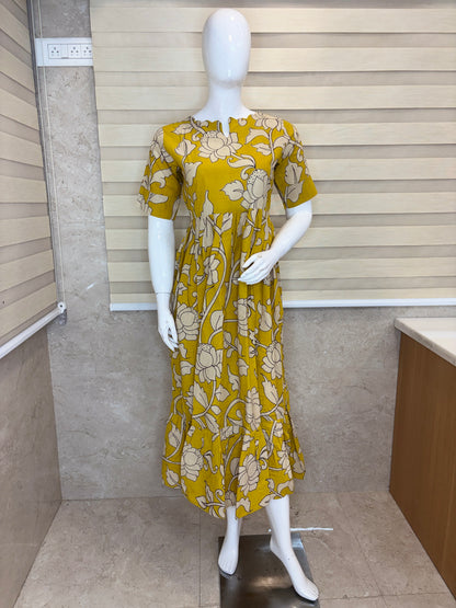 Sunflower Yellow Kalamkari Ivory Lotus Vine Print Non-Feeding Maxi