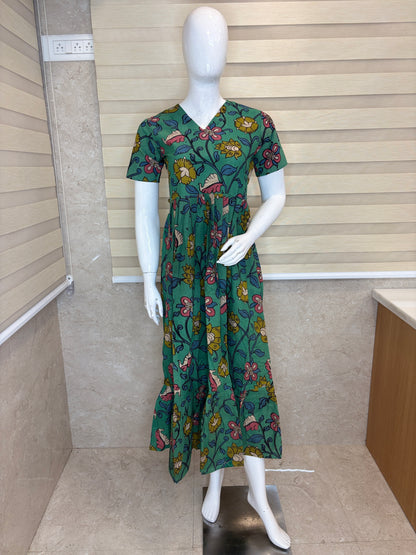 Sage Green Kalamkari Floral Vine Heritage Print Non-Feeding Maxi