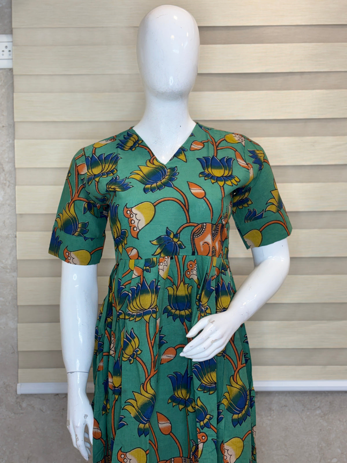 Sea Green Kalamkari Lotus & Deer Heritage Print Non-Feeding Maxi