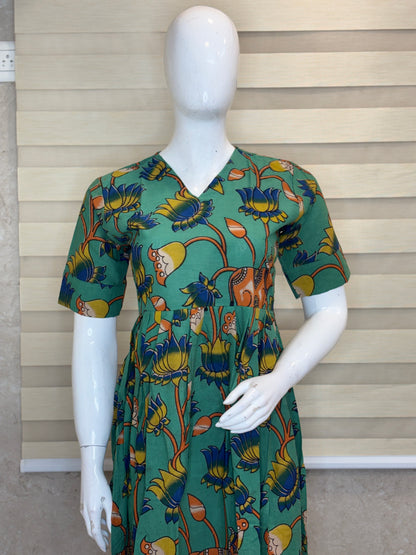 Sea Green Kalamkari Lotus & Deer Heritage Print Non-Feeding Maxi