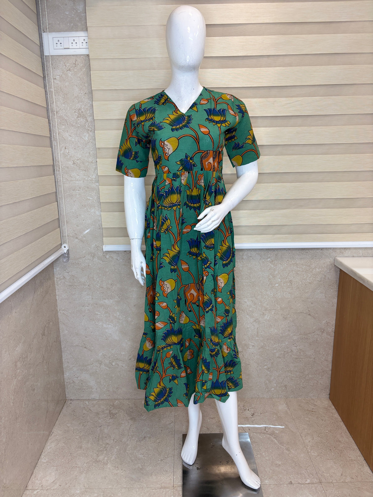 Sea Green Kalamkari Lotus & Deer Heritage Print Non-Feeding Maxi