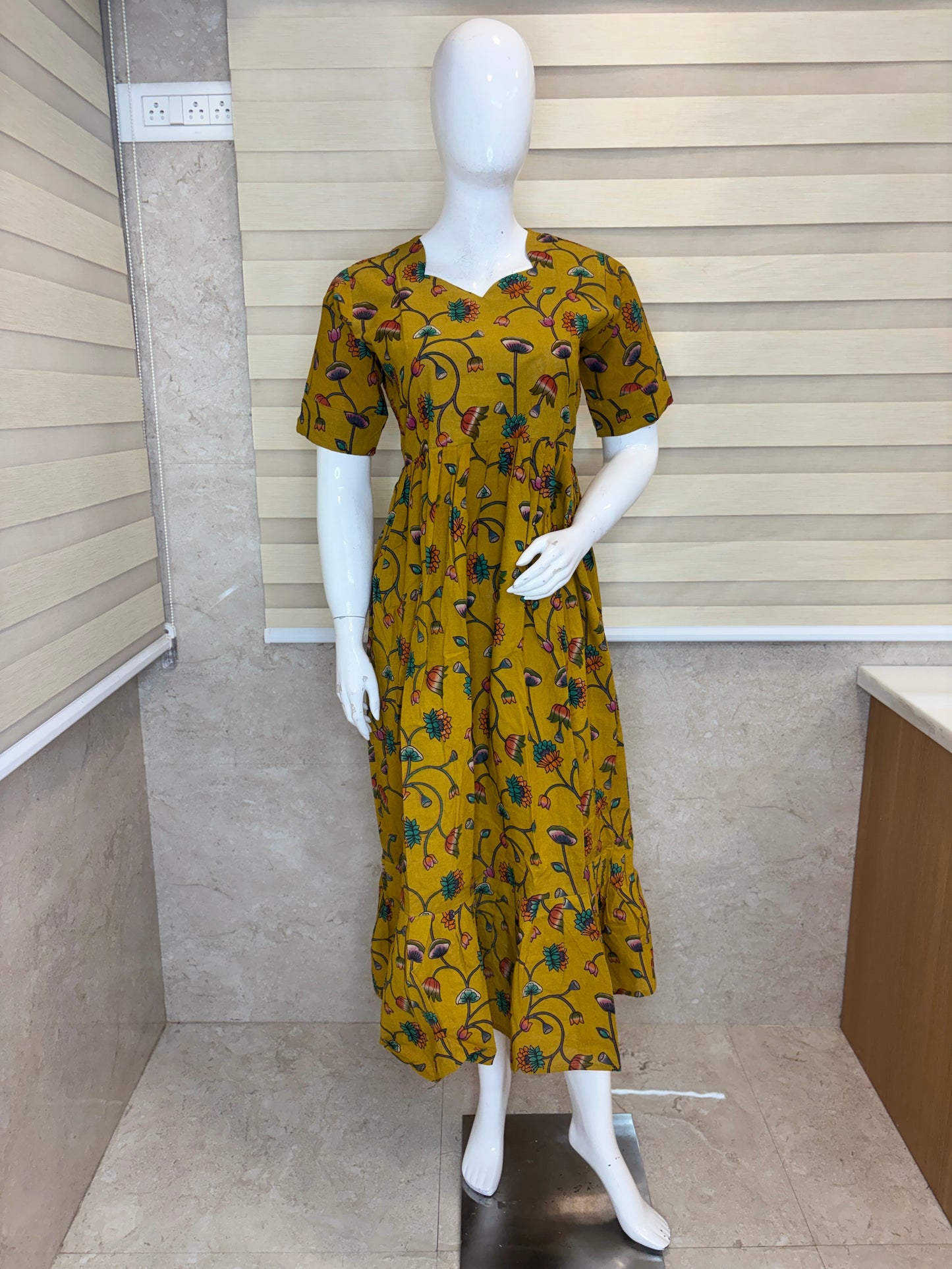 Mustard Yellow Kalamkari Floral Vine Print Non-Feeding Maxi Dress