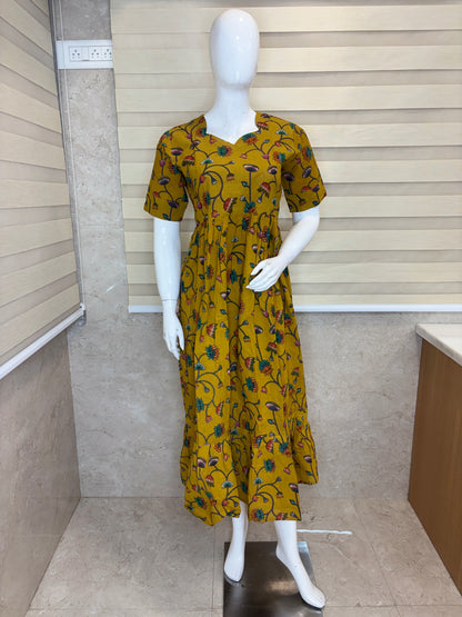 Mustard Yellow Kalamkari Floral Vine Print Non-Feeding Maxi Dress