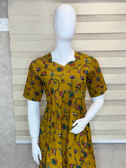 Mustard Yellow Kalamkari Floral Vine Print Non-Feeding Maxi Dress