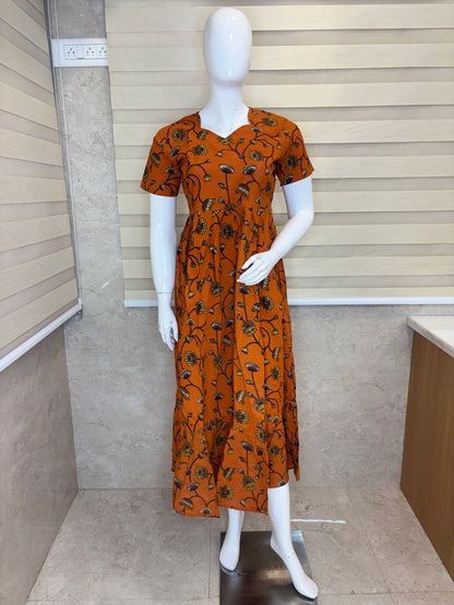Rust Orange Kalamkari Wildflower Vine Print Non-Feeding Maxi