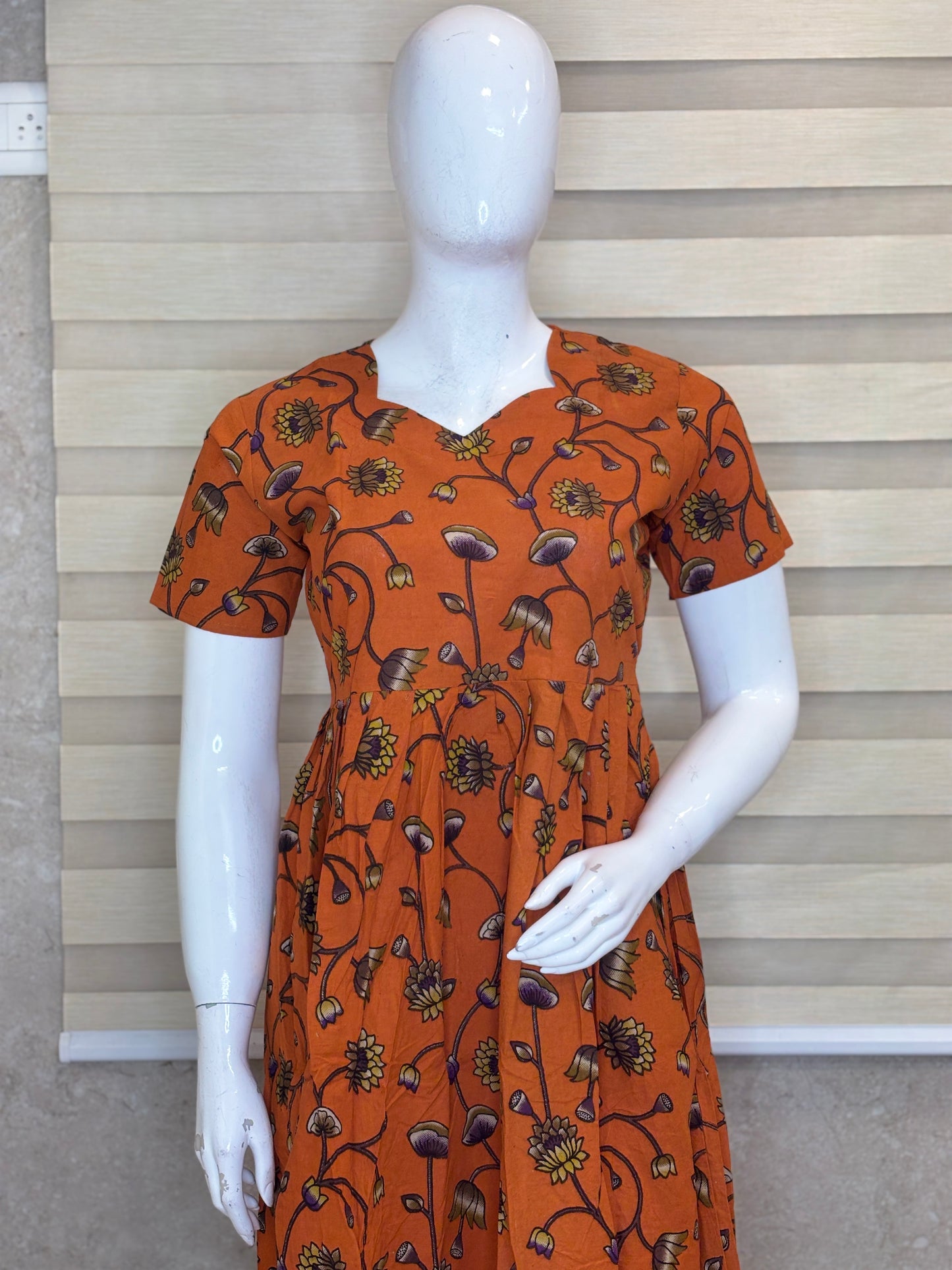 Rust Orange Kalamkari Wildflower Vine Print Non-Feeding Maxi