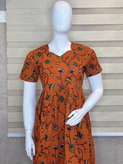 Rust Orange Kalamkari Wildflower Vine Print Non-Feeding Maxi