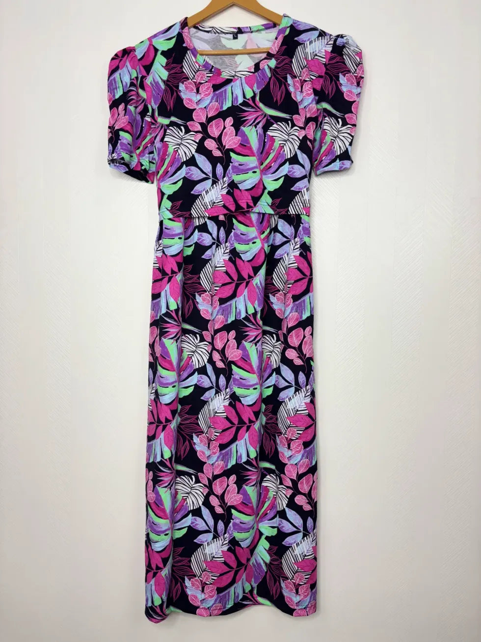 Black with Botanical Printed Feeding Puff Sleeve Maxi