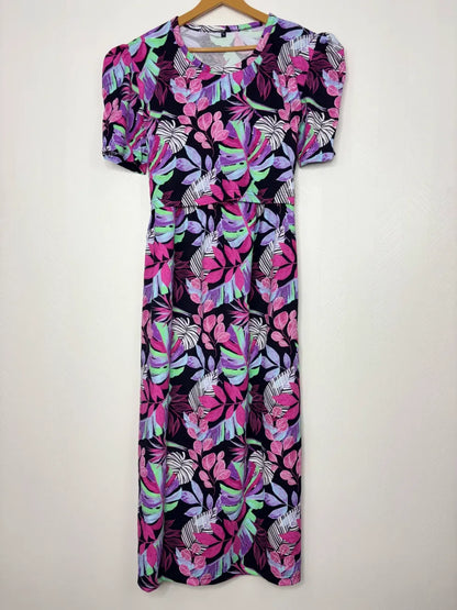Black with Botanical Printed Feeding Puff Sleeve Maxi