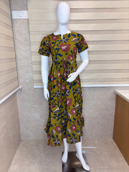 Olive Green Kalamkari Floral Vine Heritage Print Non-Feeding Maxi