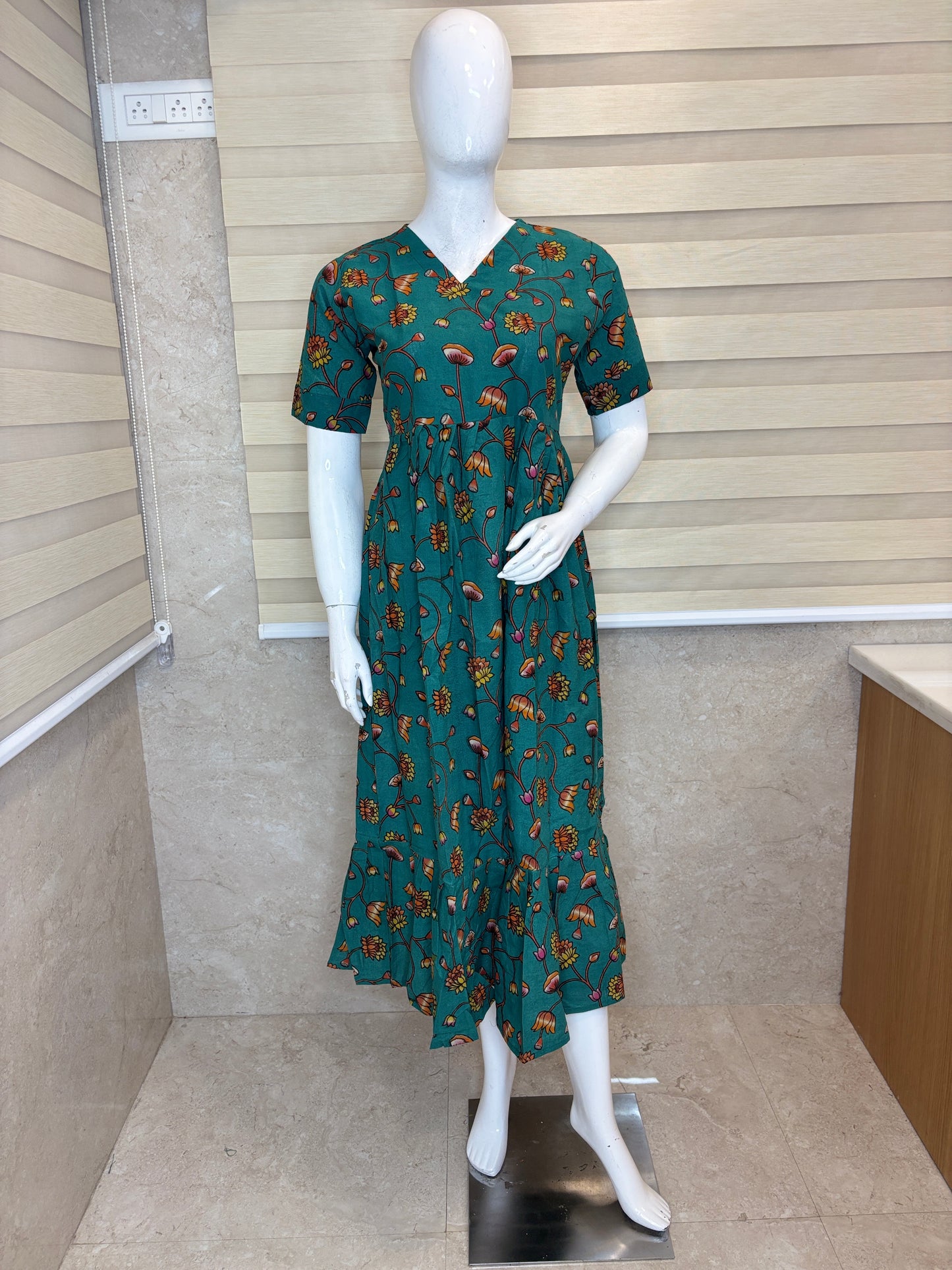 Kalamkari Teal Green Rustic Wildflower Vine Print Non-Feeding Maxi