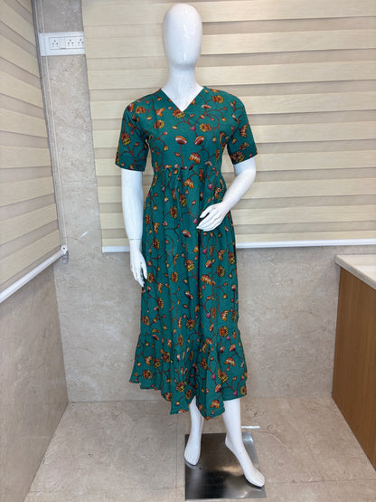 Kalamkari Teal Green Rustic Wildflower Vine Print Non-Feeding Maxi