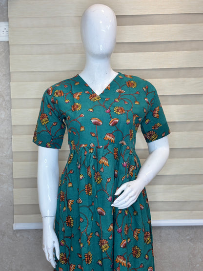 Kalamkari Teal Green Rustic Wildflower Vine Print Non-Feeding Maxi