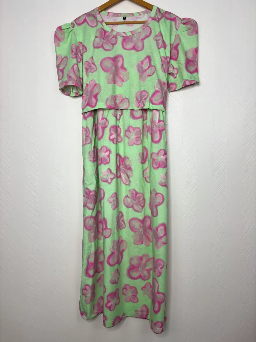 Light Green with Floral Printed Feeding Puff Sleeve Maxi