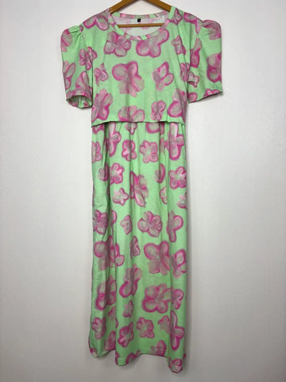 Light Green with Floral Printed Feeding Puff Sleeve Maxi