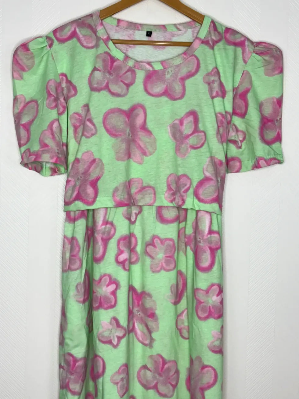 Light Green with Floral Printed Feeding Puff Sleeve Maxi