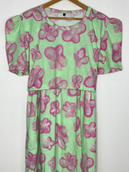 Light Green with Floral Printed Feeding Puff Sleeve Maxi