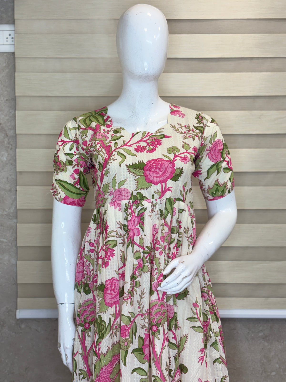 Mul Cotton Ivory Cream Pink Floral Garden Print Non Feeding Maxi