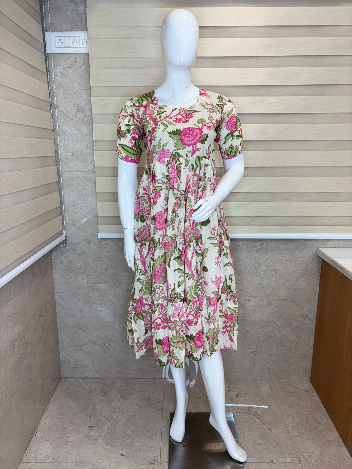 Mul Cotton Ivory Cream Pink Floral Garden Print Non Feeding Maxi