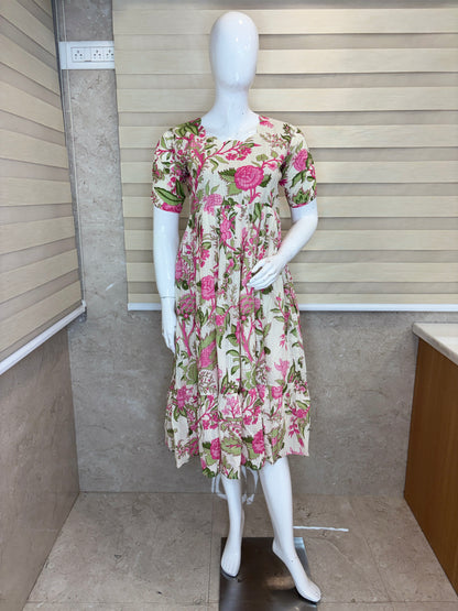 Mul Cotton Ivory Cream Pink Floral Garden Print Non Feeding Maxi