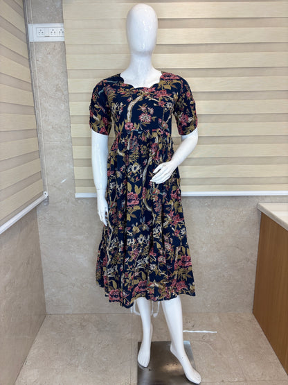 Mul Cotton Midnight Navy Vintage Floral Vine Print Non-Feeding Maxi