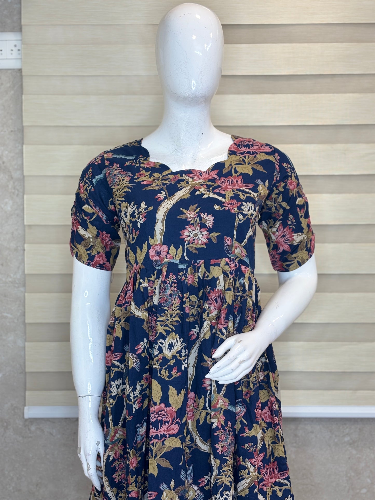 Mul Cotton Midnight Navy Vintage Floral Vine Print Non-Feeding Maxi
