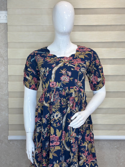 Mul Cotton Midnight Navy Vintage Floral Vine Print Non-Feeding Maxi