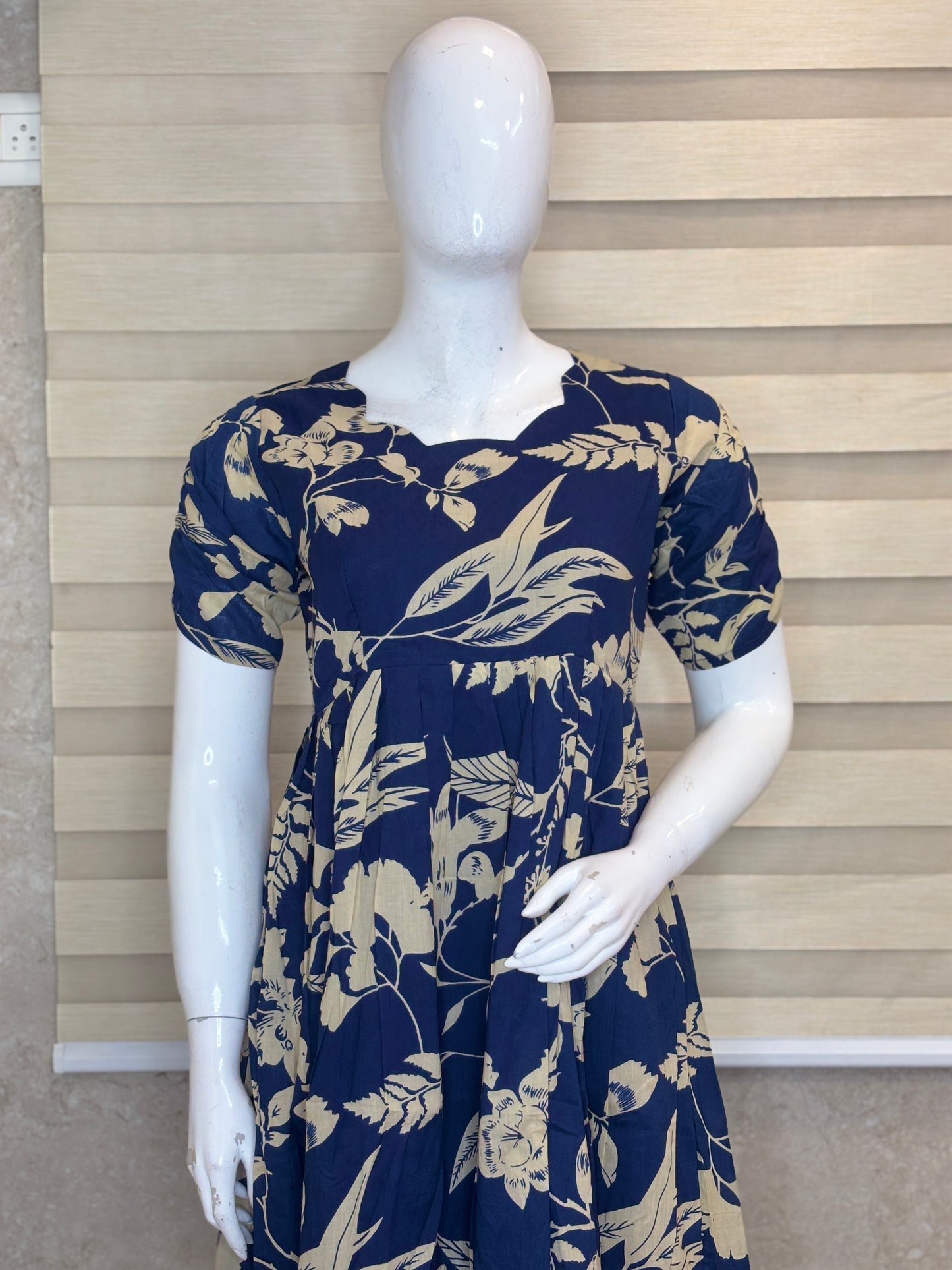 Mul Cotton Navy Blue Tropical Botanical Print Non-Feeding Maxi