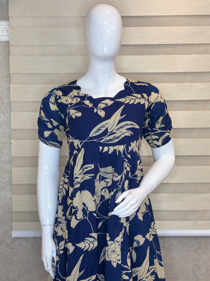 Mul Cotton Navy Blue Tropical Botanical Print Non-Feeding Maxi