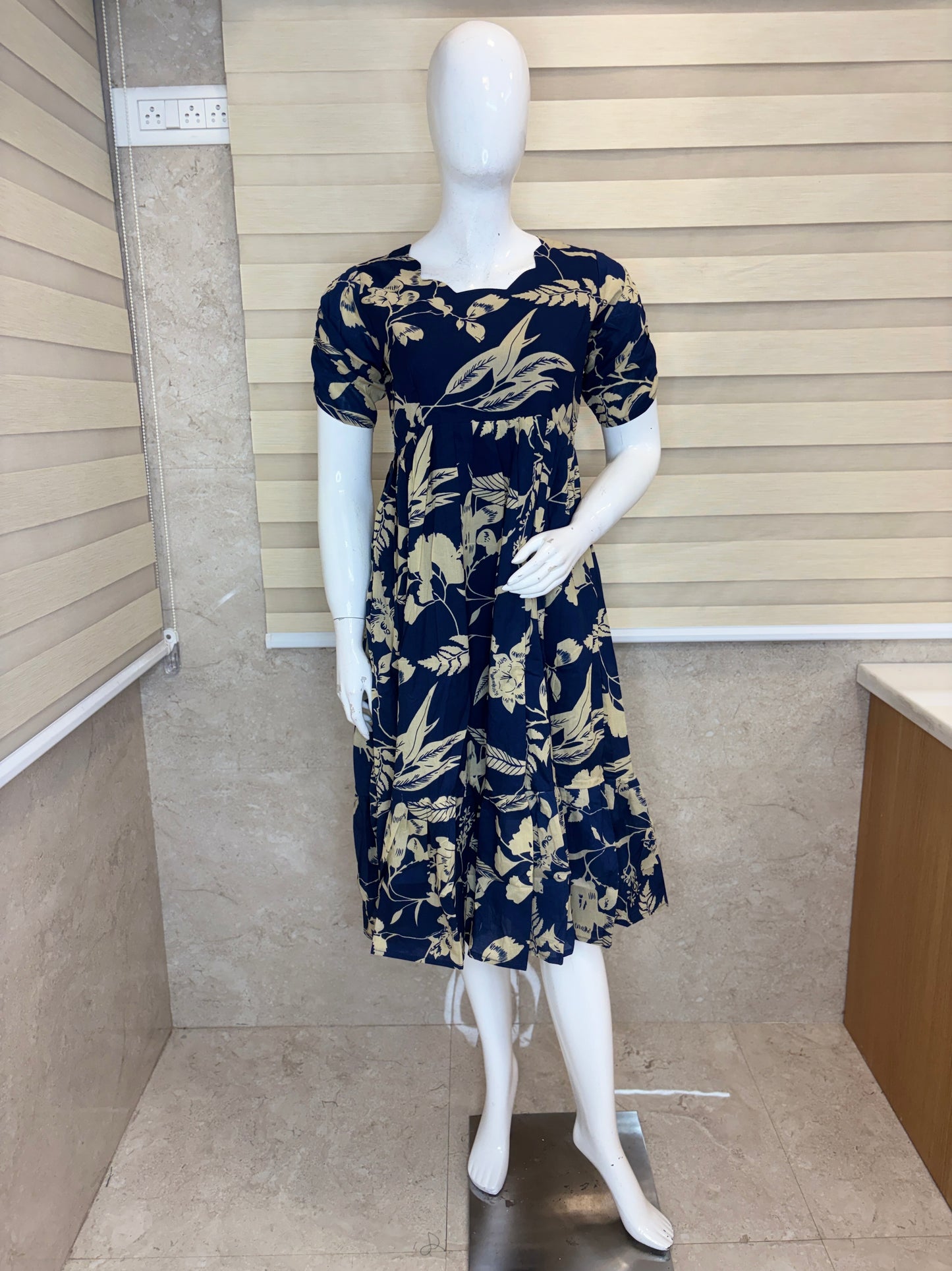 Mul Cotton Navy Blue Tropical Botanical Print Non-Feeding Maxi