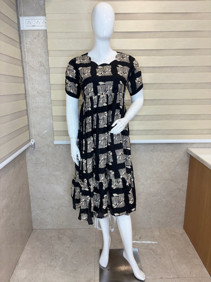 Mul Cotton Charcoal Black Abstract Botanical Block Print Non-Feeding Maxi