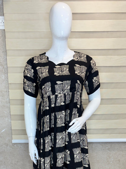 Mul Cotton Charcoal Black Abstract Botanical Block Print Non-Feeding Maxi