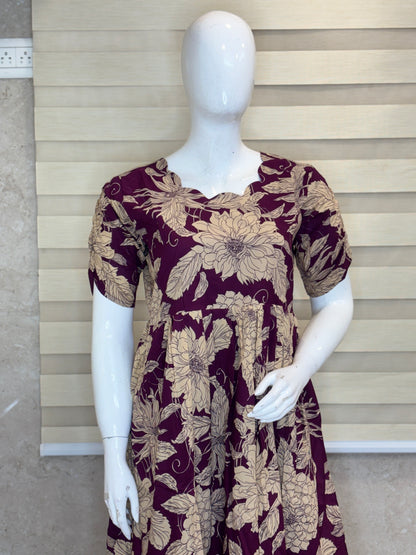Mul Cotton Plum Purple Vintage Floral Print Non-Feeding Maxi