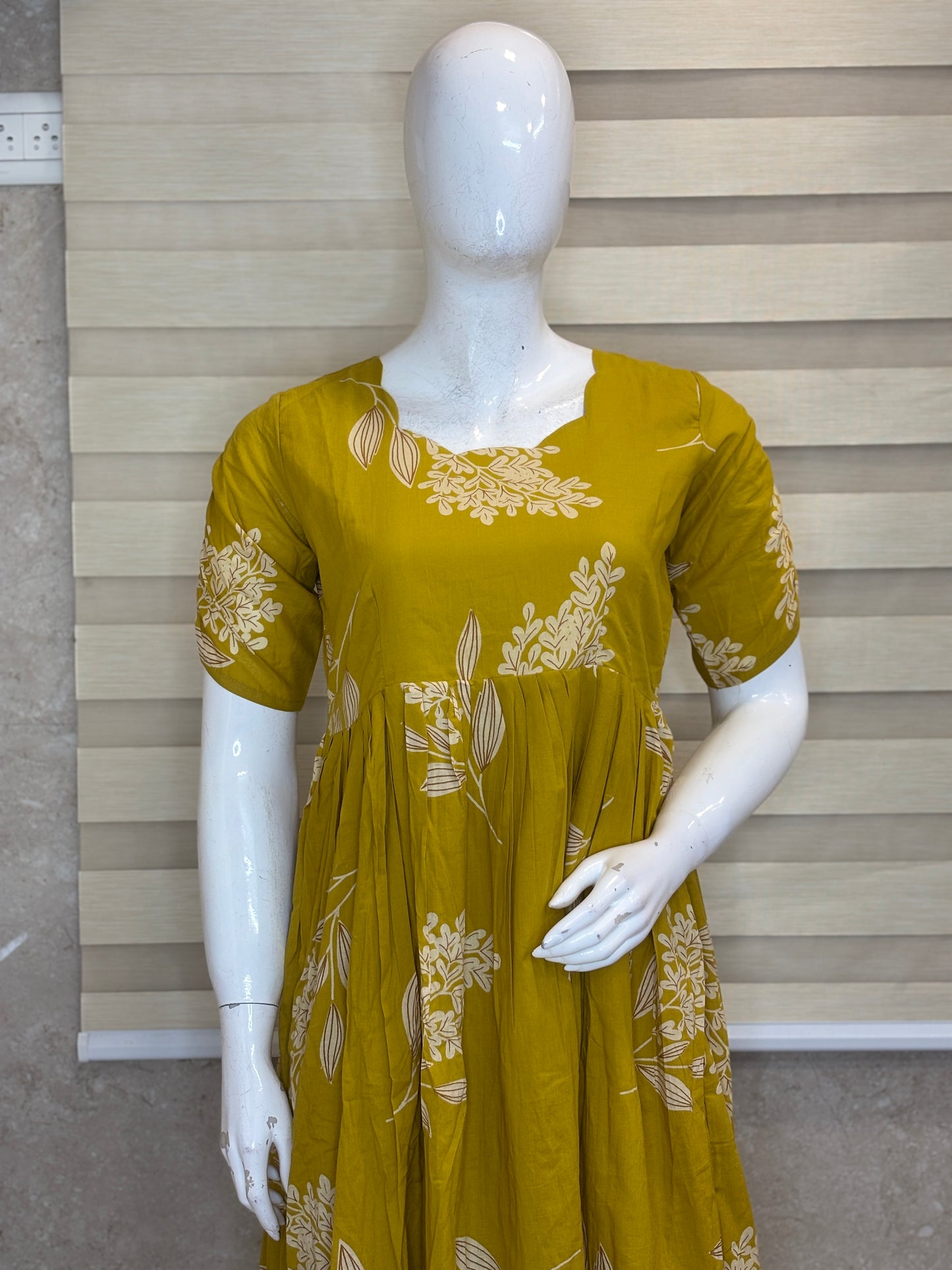 Mul Cotton Mustard Olive Botanical Leaf Print Non-Feeding Maxi