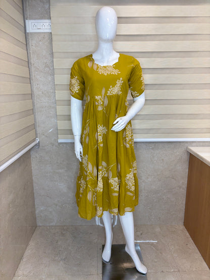 Mul Cotton Mustard Olive Botanical Leaf Print Non-Feeding Maxi