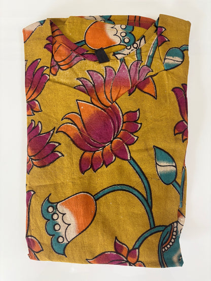 Mustard Gold Kalamkari Lotus & Elephant Heritage Print Non-Feeding Maxi