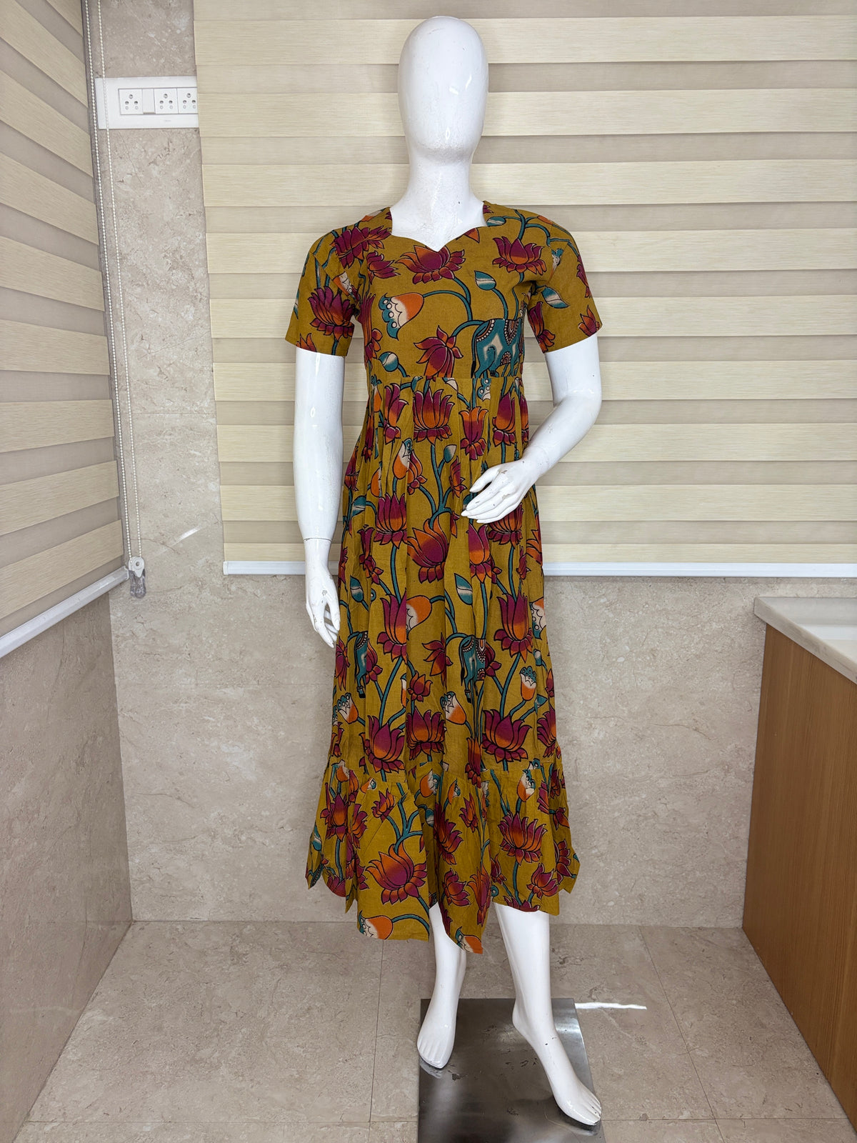 Mustard Gold Kalamkari Lotus & Elephant Heritage Print Non-Feeding Maxi