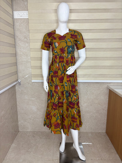 Mustard Gold Kalamkari Lotus & Elephant Heritage Print Non-Feeding Maxi