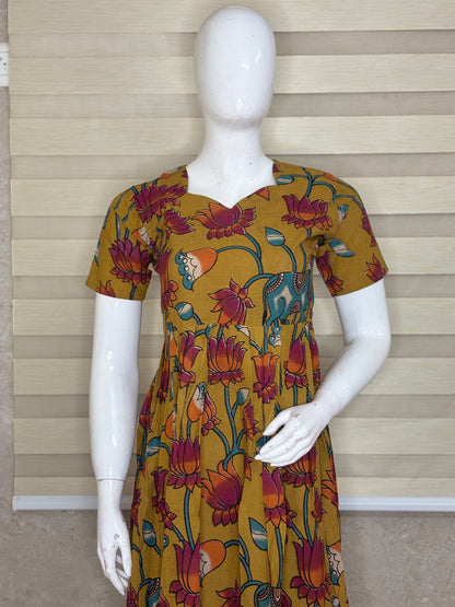 Mustard Gold Kalamkari Lotus & Elephant Heritage Print Non-Feeding Maxi