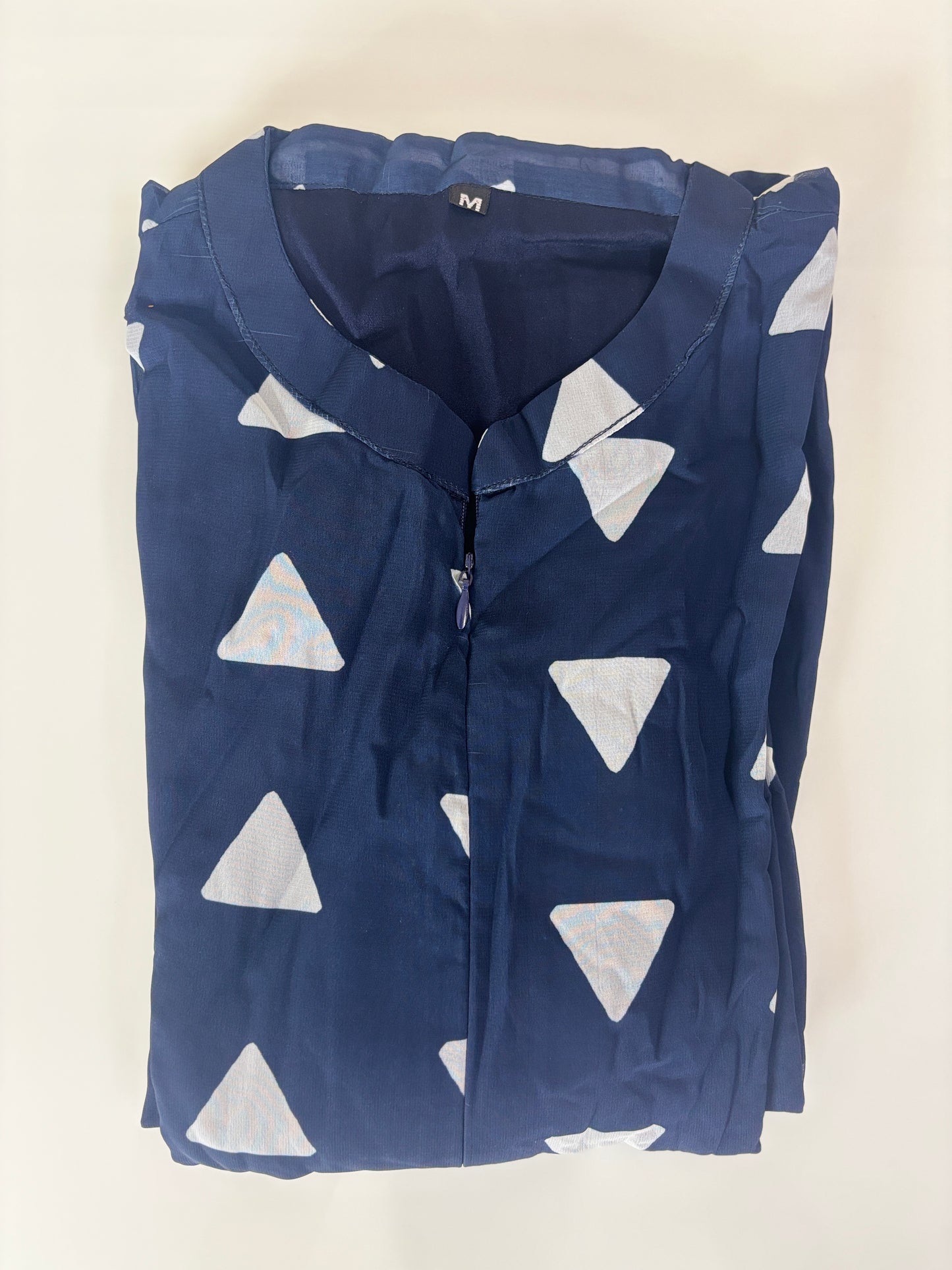 Navy Blue Geometric Triangle Print Center Zip Maxi