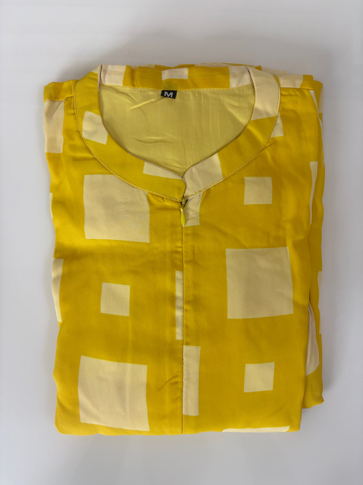 Yellow Abstract Square Print Center Zip Georgette Maxi