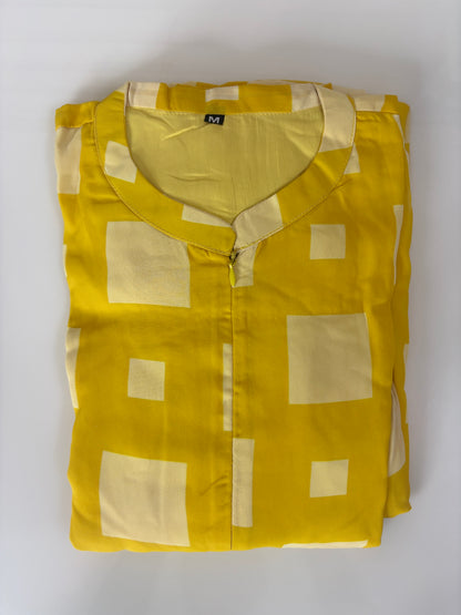 Yellow Abstract Square Print Center Zip Georgette Maxi