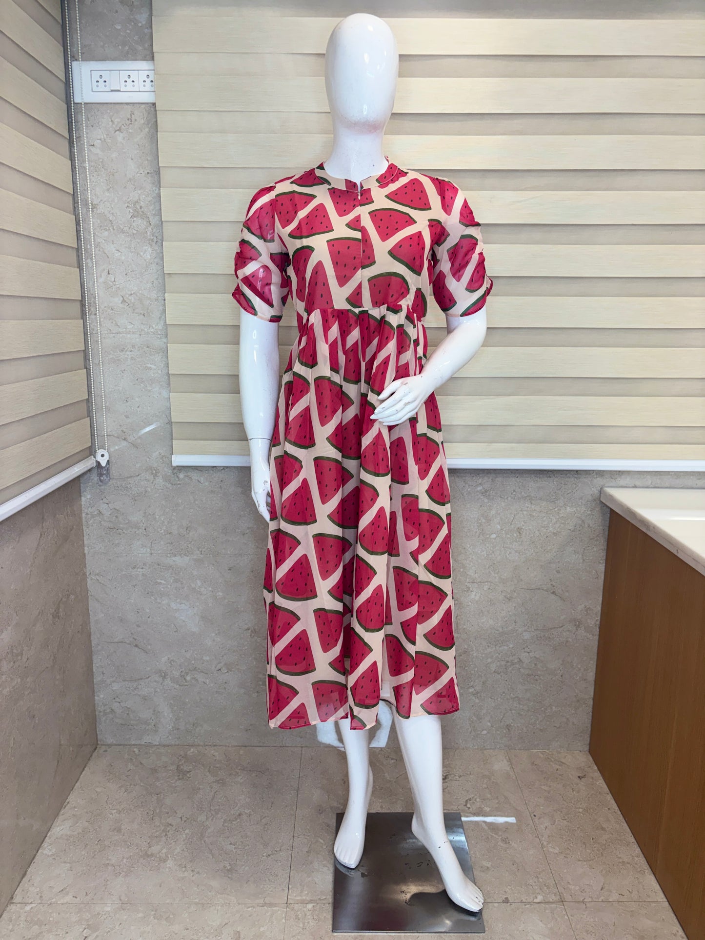 Peach Beige Watermelon Print Center Zip Maxi