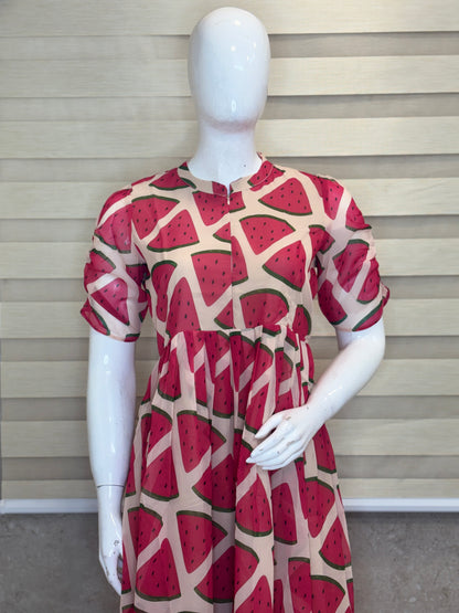 Peach Beige Watermelon Print Center Zip Maxi