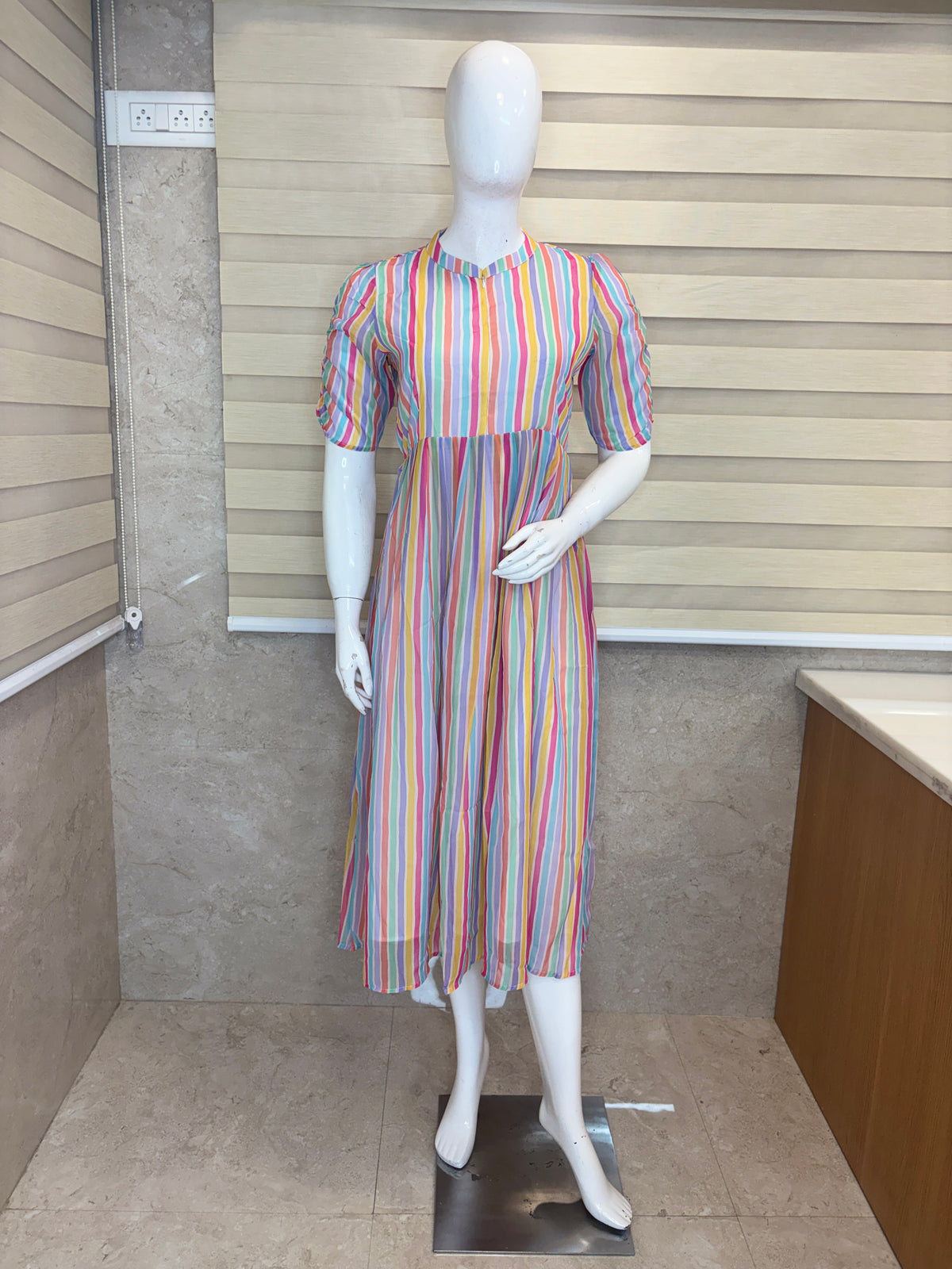 Multicolor Vertical Stripe Print Center Zip Georgette Maxi