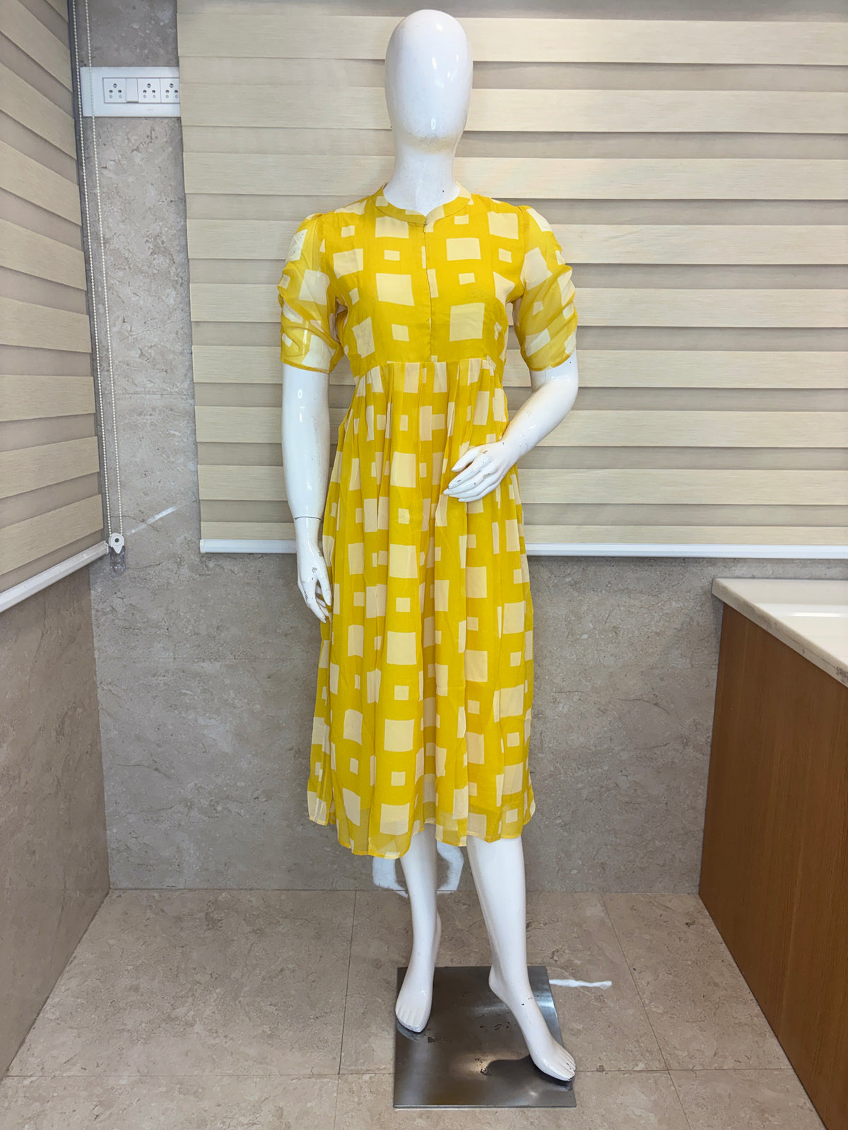 Yellow Abstract Square Print Center Zip Georgette Maxi