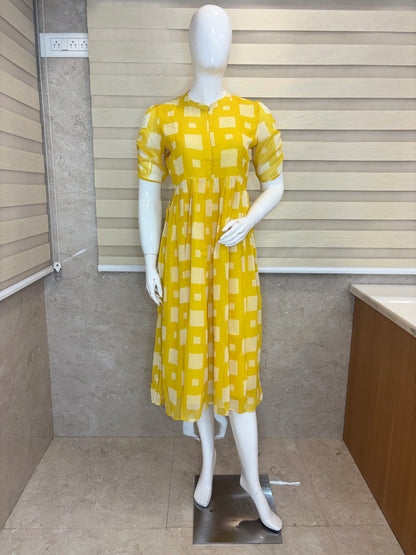 Yellow Abstract Square Print Center Zip Georgette Maxi